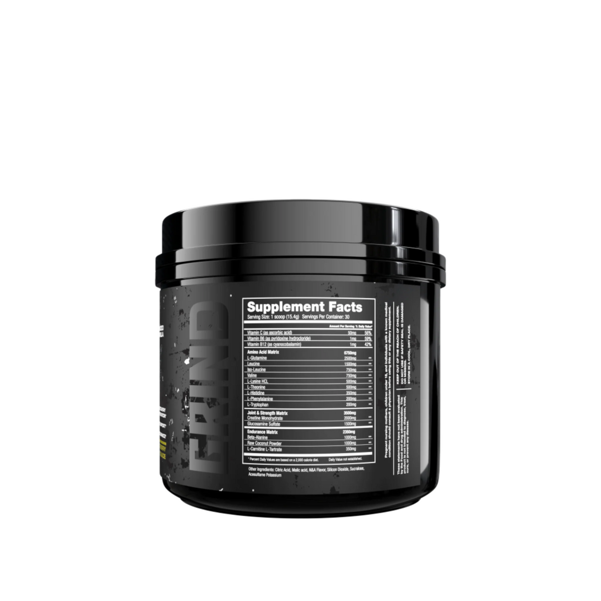 Grind Amino Supreme BCAA/EAA back of bottle label with supplement facts