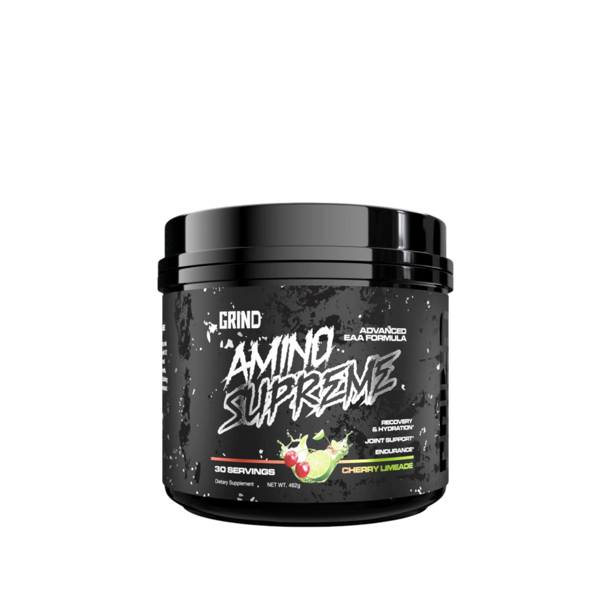 Grind Amino Supreme BCAA/EAA front of bottle label cherry lime flavor