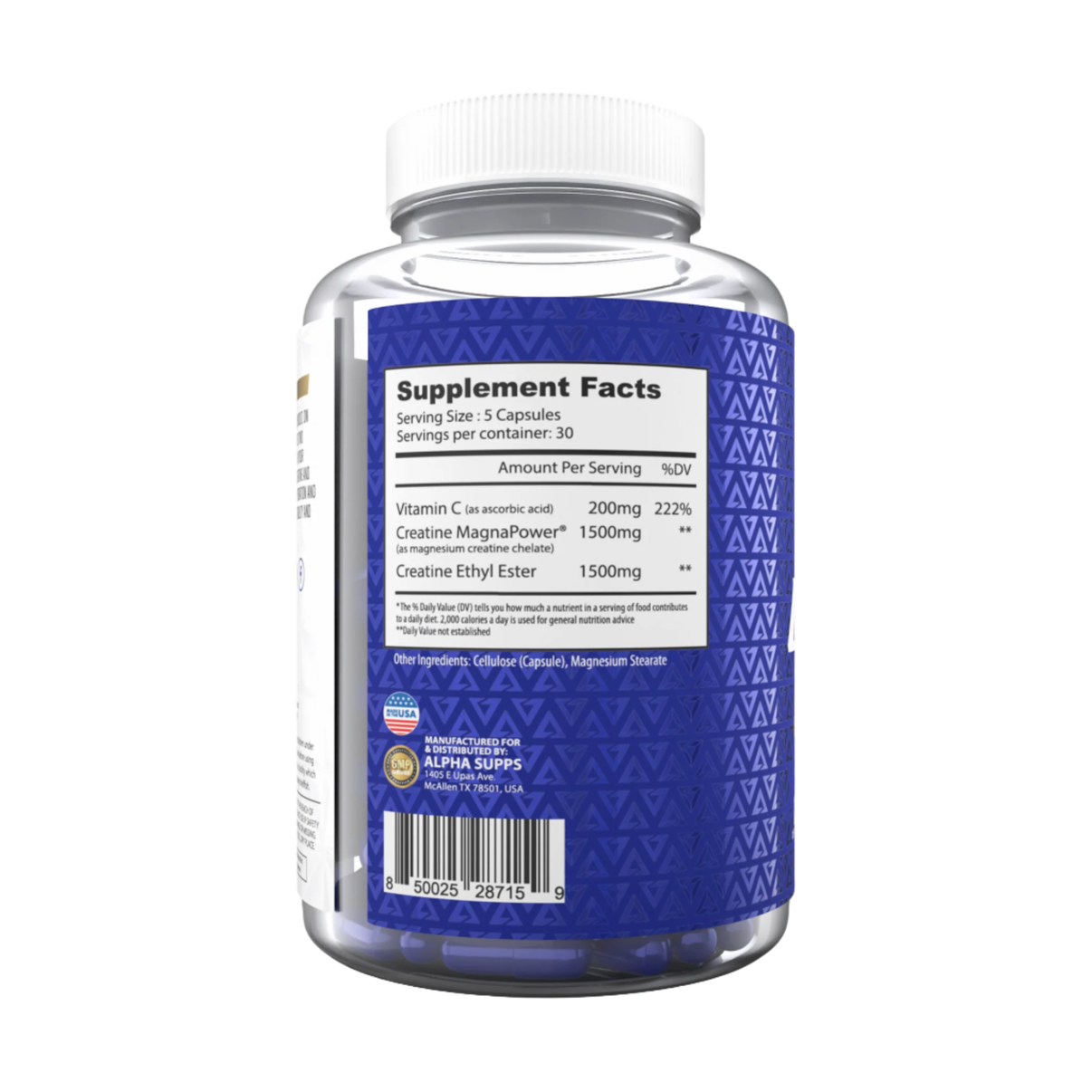 Alpha Cre X2 Creatine back of bottle supplement facts