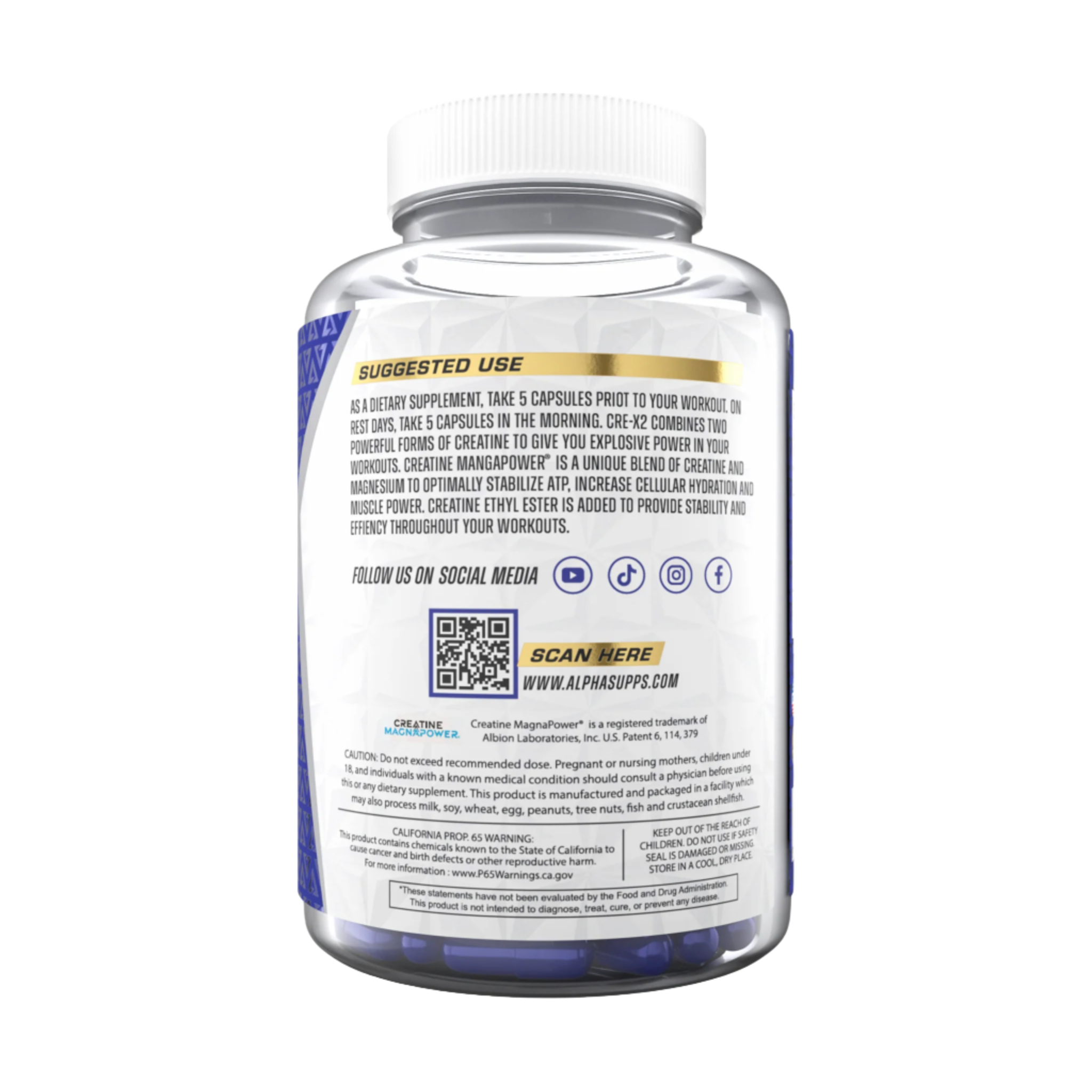 Alpha Cre X2 Creatine suggested use label side of bottle