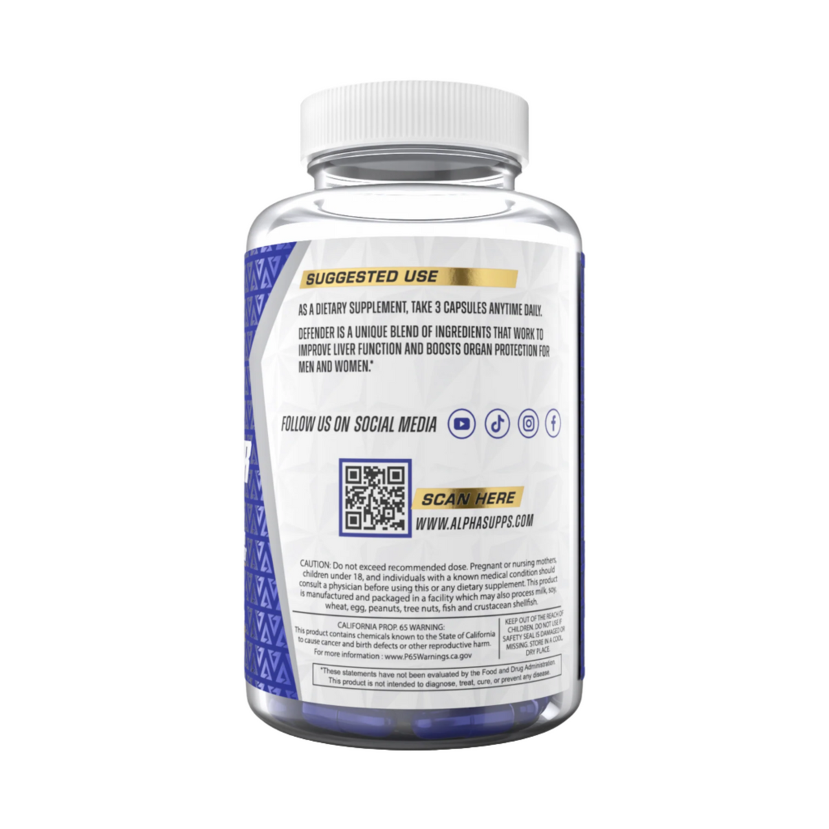 Alpha Supps Defender side of bottle label with suggested use