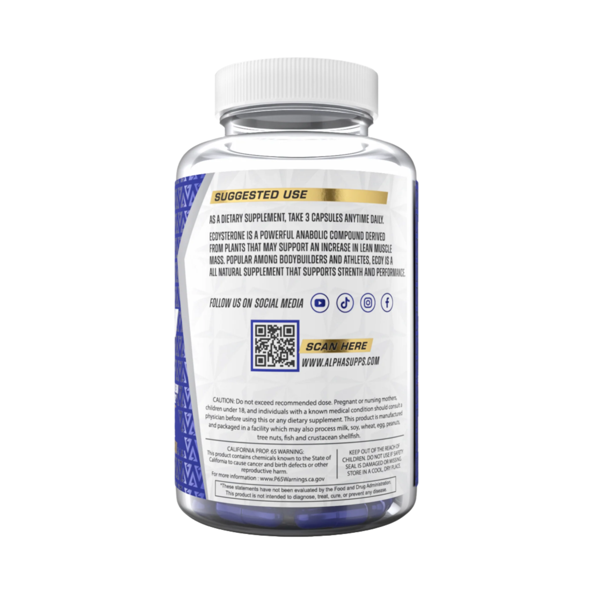 Alpha Supps ECDY side of bottle with suggested use