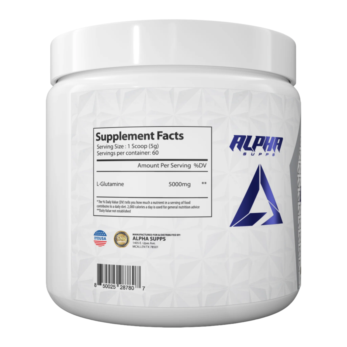 Alpha Supps Glutamine side of bottle with supplement facts