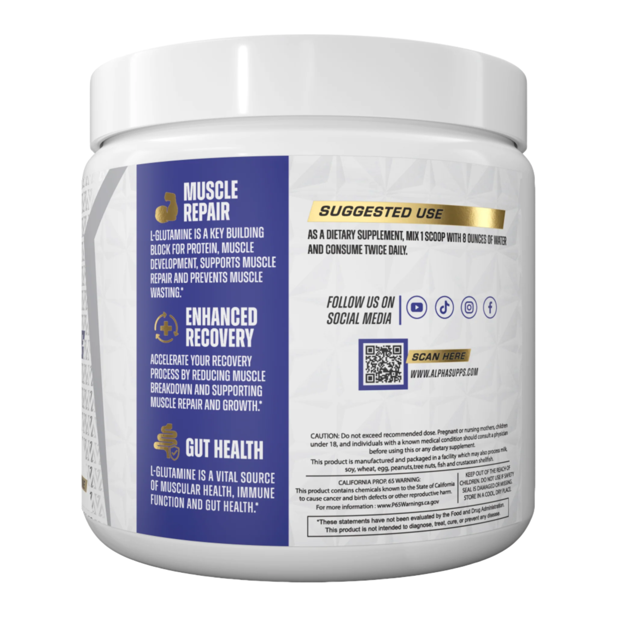 Alpha Supps Glutamine side of bottle with suggested use
