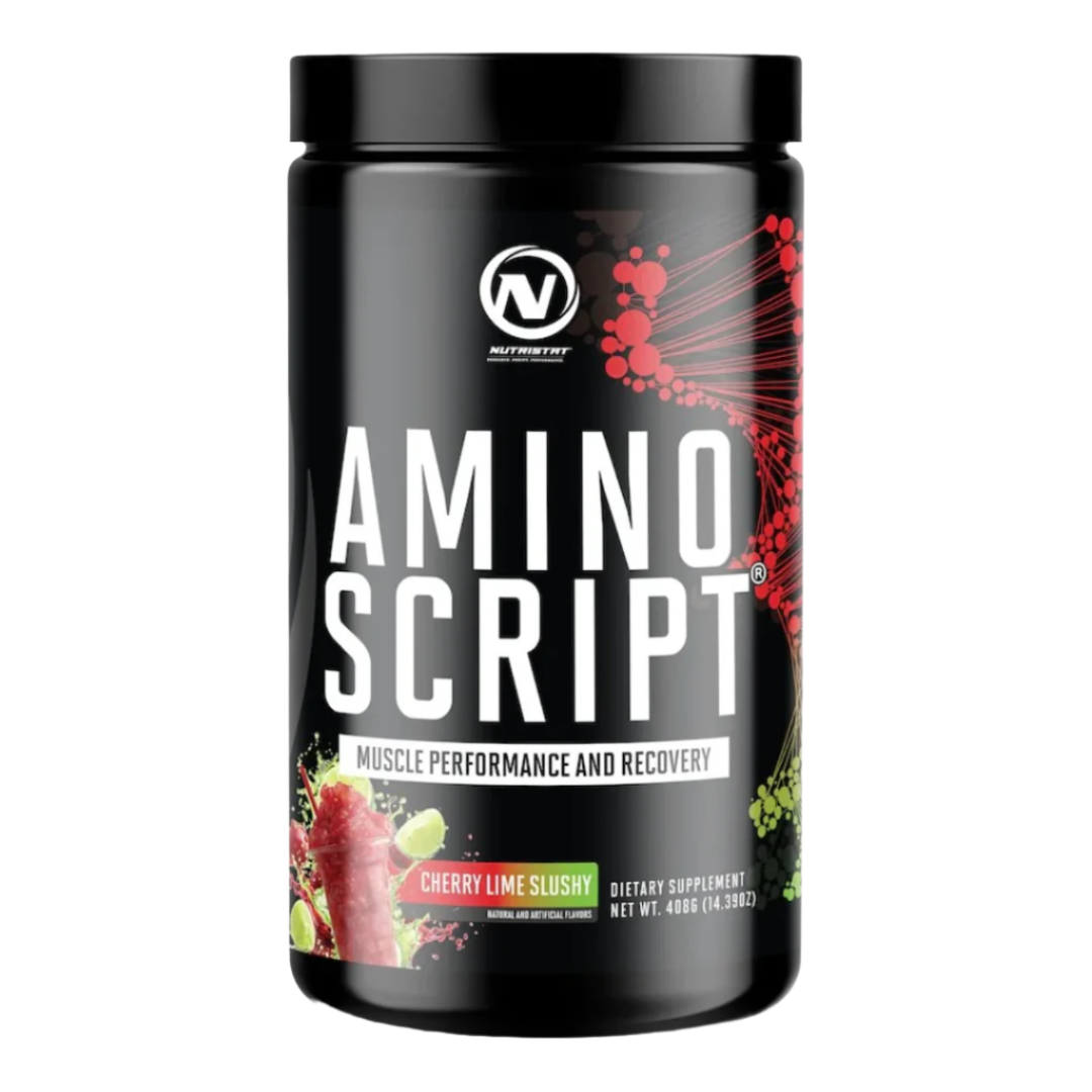 Nutristat Amino Script BCAA/EAA front of bottle Cherry lime slushy flavor