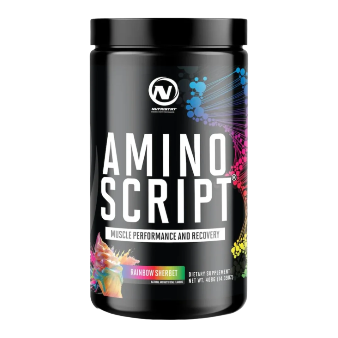 Nutristat Amino Script BCAA/EAA front of bottle rainbow sherbet  flavor