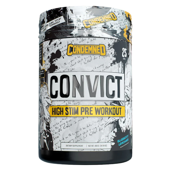 Convict 2.0 Pre-Workout front of bottle label Blueberry lemonade flavor