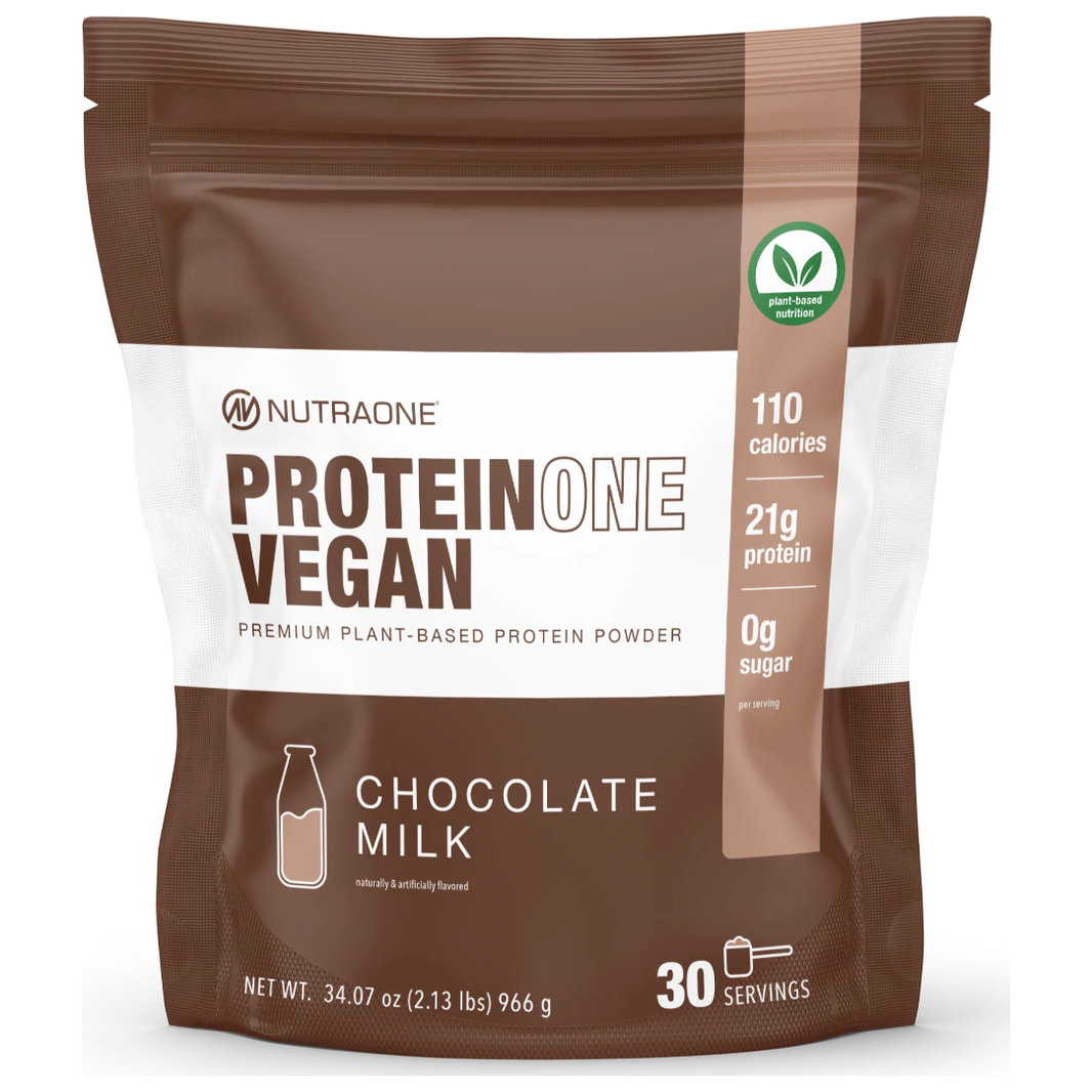 NutraOne Proteinone Vegan front of bag label chocolate milk