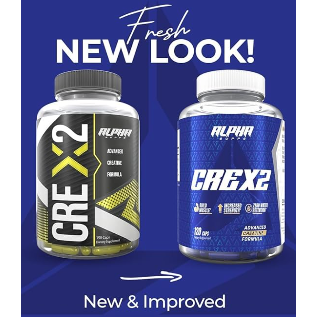Showing side by side image of new and old label of Cre X2 creatine bottles