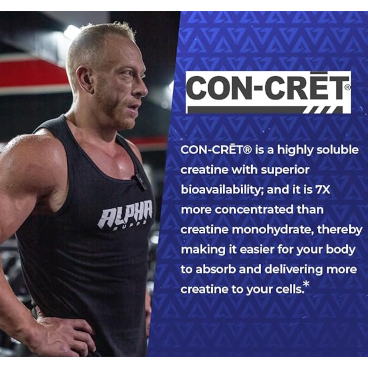 Alpha Cre X2 Creatine con-cret ingredent breakdown with man working out