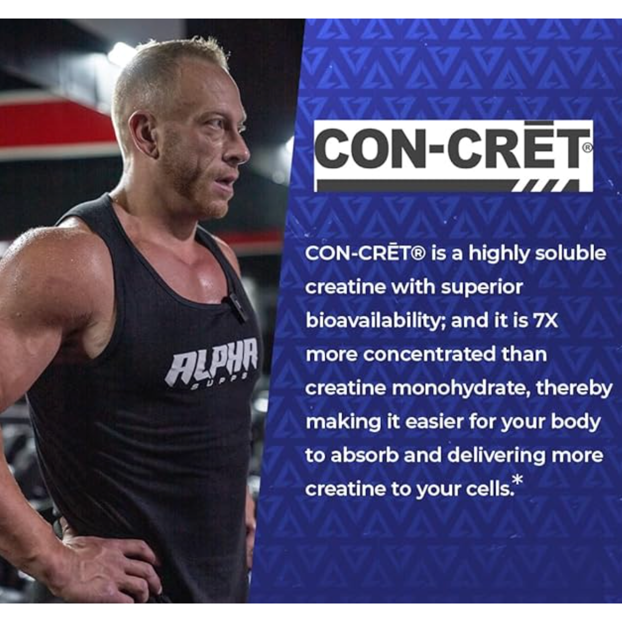 Alpha Cre X2 Creatine con-cret ingredent breakdown with man working out