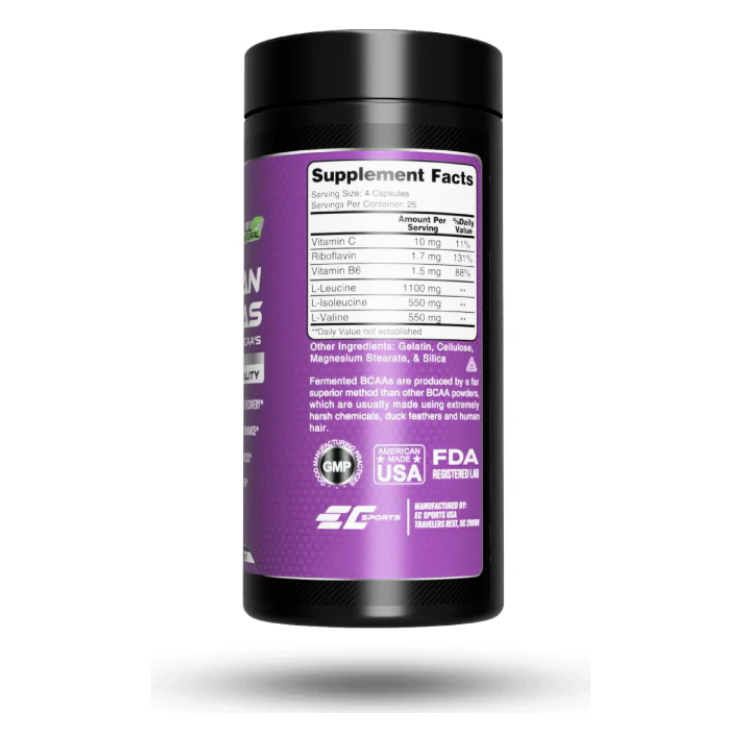 EC Sports BCAA Capsules side of bottle label with supplement facts