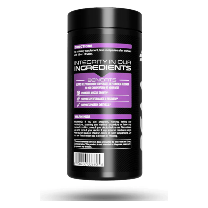 EC Sports BCAA Capsules side of bottle with product breakdown and denefits