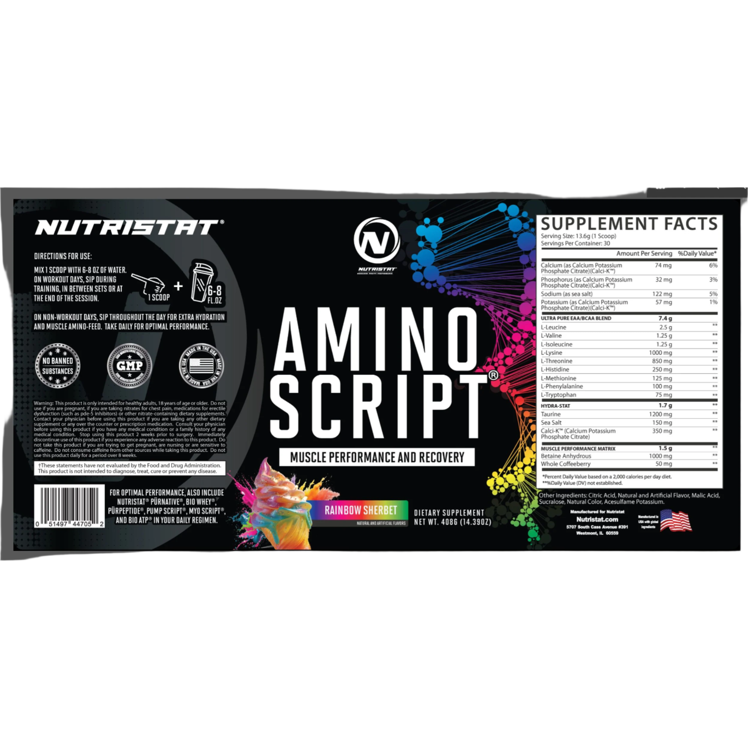 Nutristat Amino Script BCAA/EAA label of bottle rainbow sherbet flavor with supplement facts