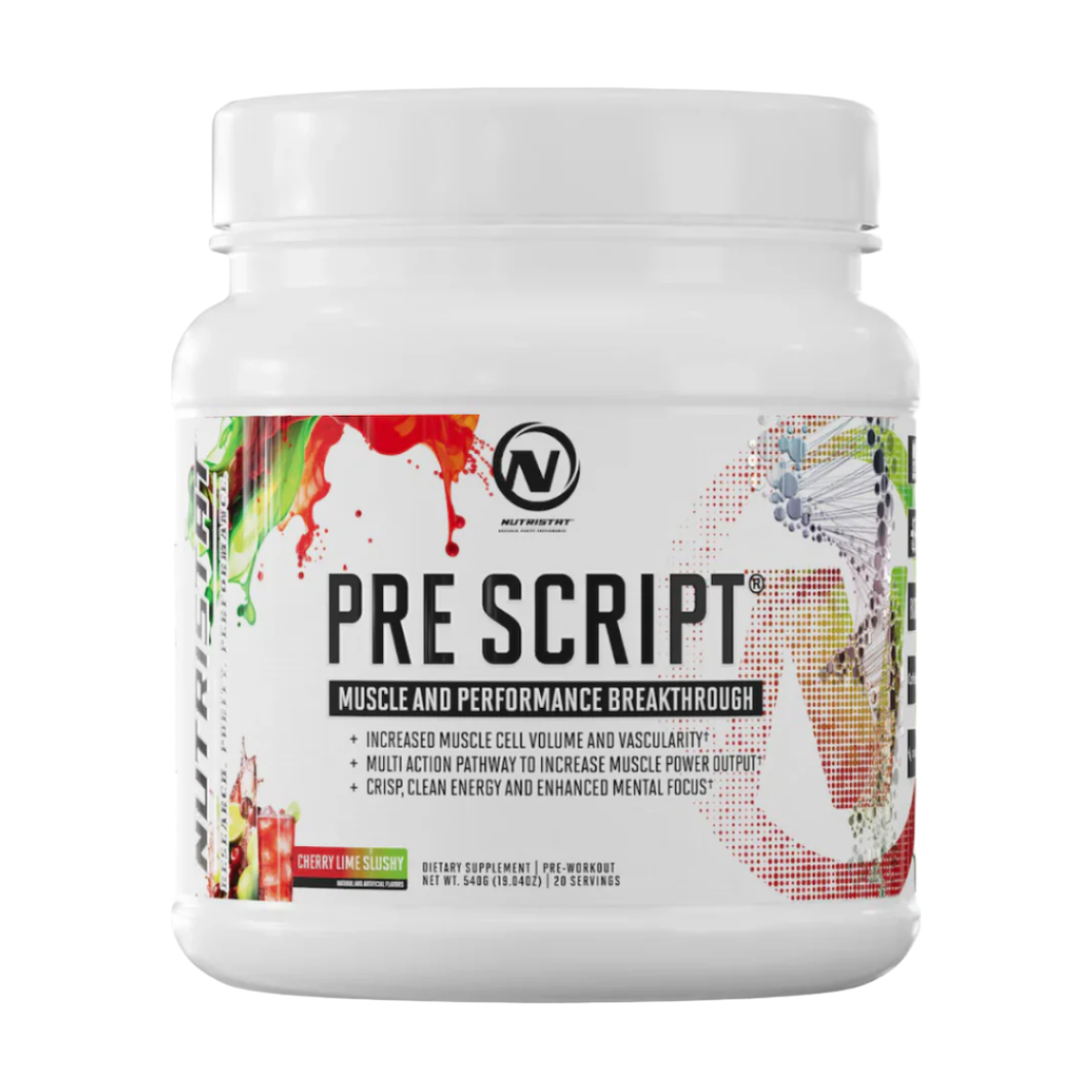 Nutristat Pre Script Pre-Workout front of bottle label Cherry lime slush