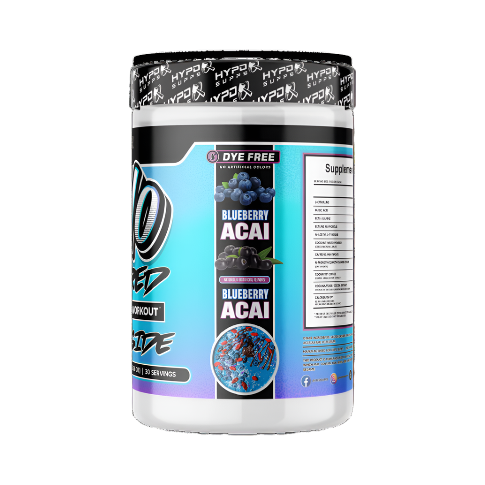 Hyped Supps Yolo Shred Thermo Pre-Workout side of bottle label Blueberry Acai