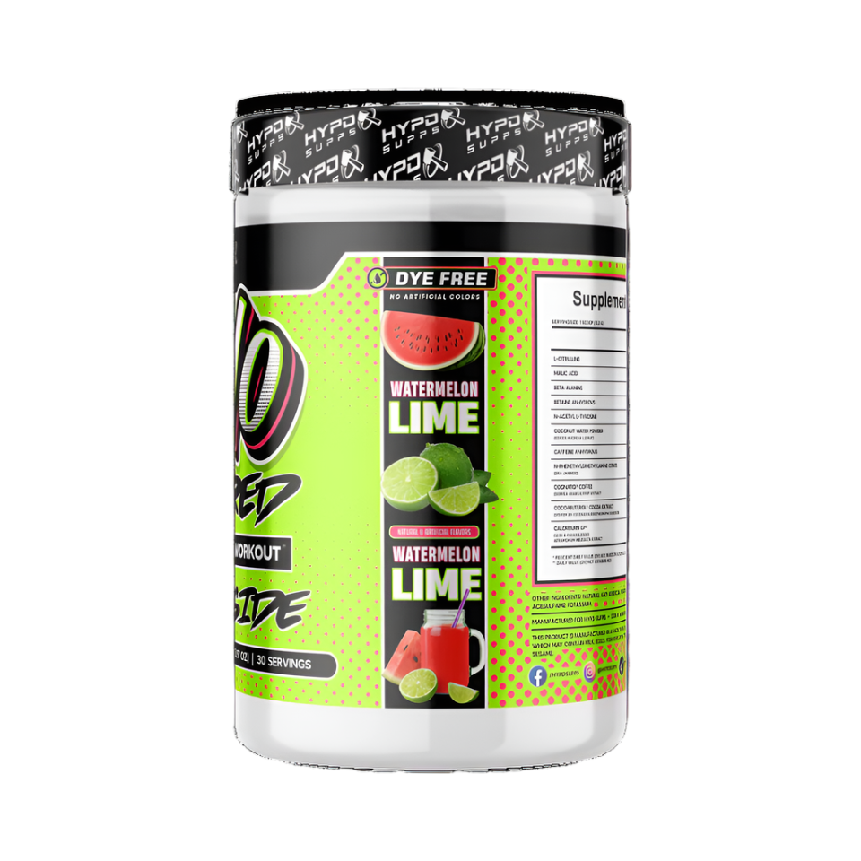 Hyped Supps Yolo Shred Thermo Pre-Workout side of bottle label Watermelon Lime