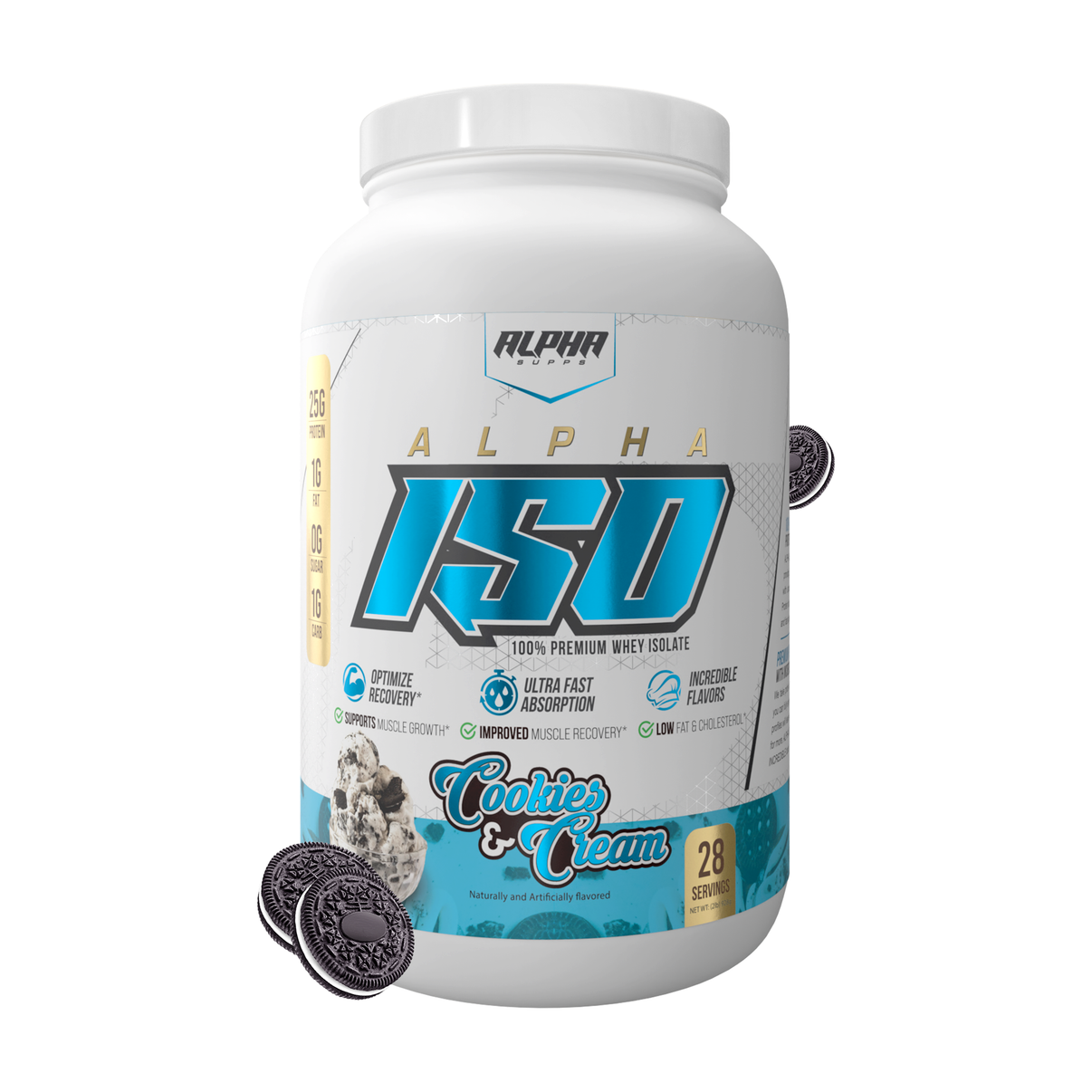 Alpha Supps Iso Protein Cookies & Cream front of bottle 2lb