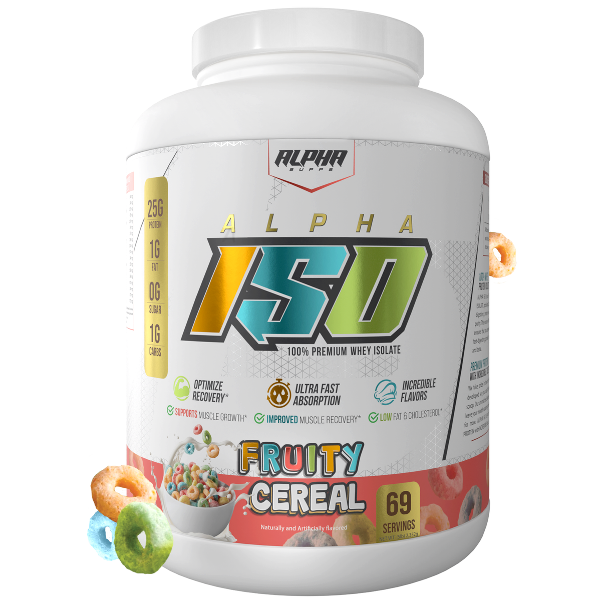 Alpha Supps Iso Protein Fruity Cereal front of bottle 5lb