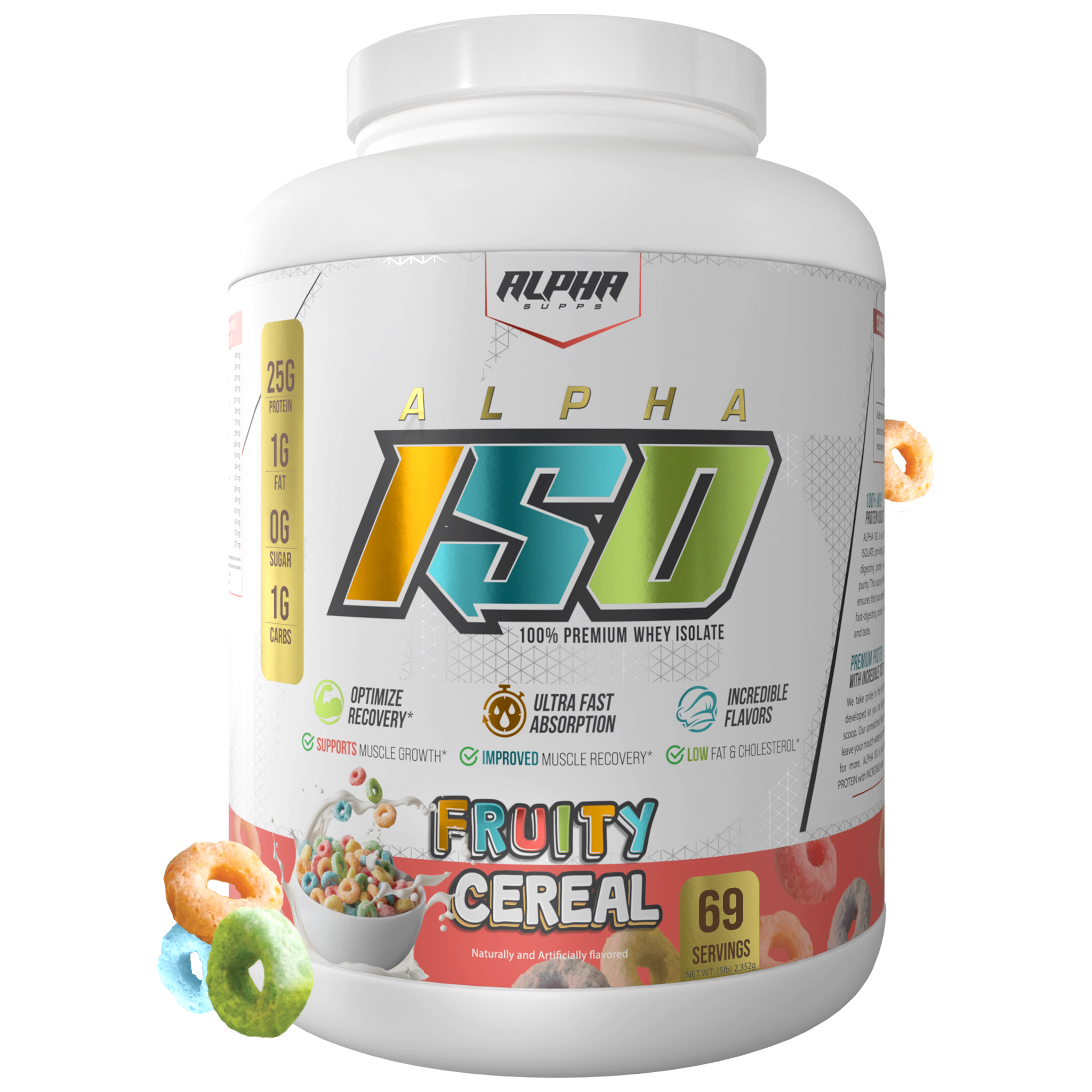 Alpha Supps Iso Protein Fruity Cereal front of bottle 5lb