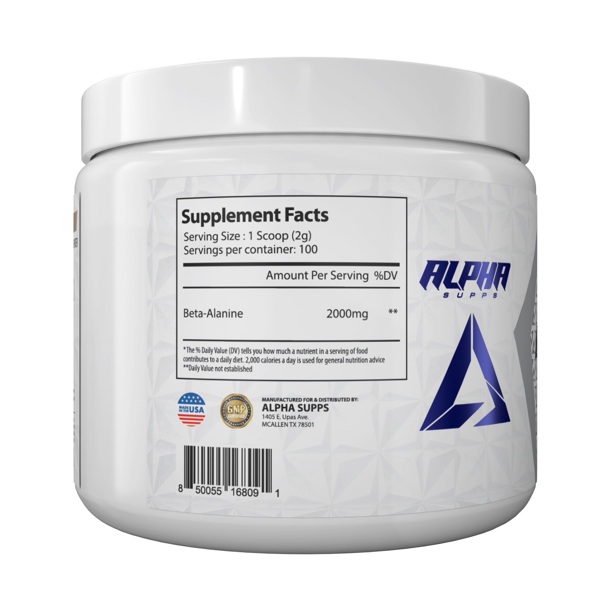 Alpha Supps Beta Alanine side of bottle label with supplement facts