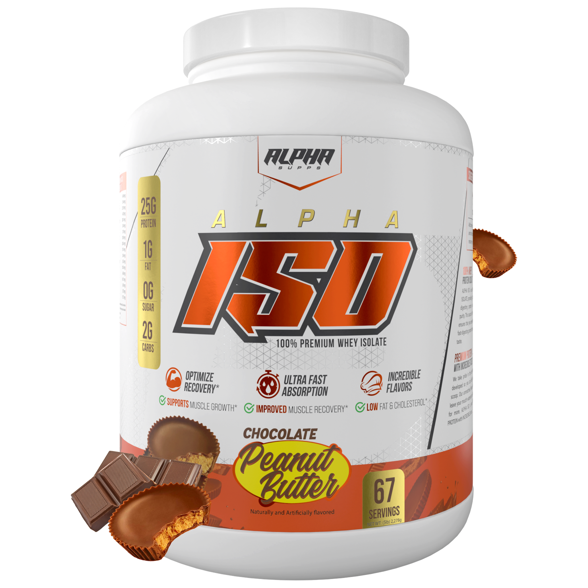 Alpha Supps Iso Protein Chocolate peanut butter front of bottle 5lb