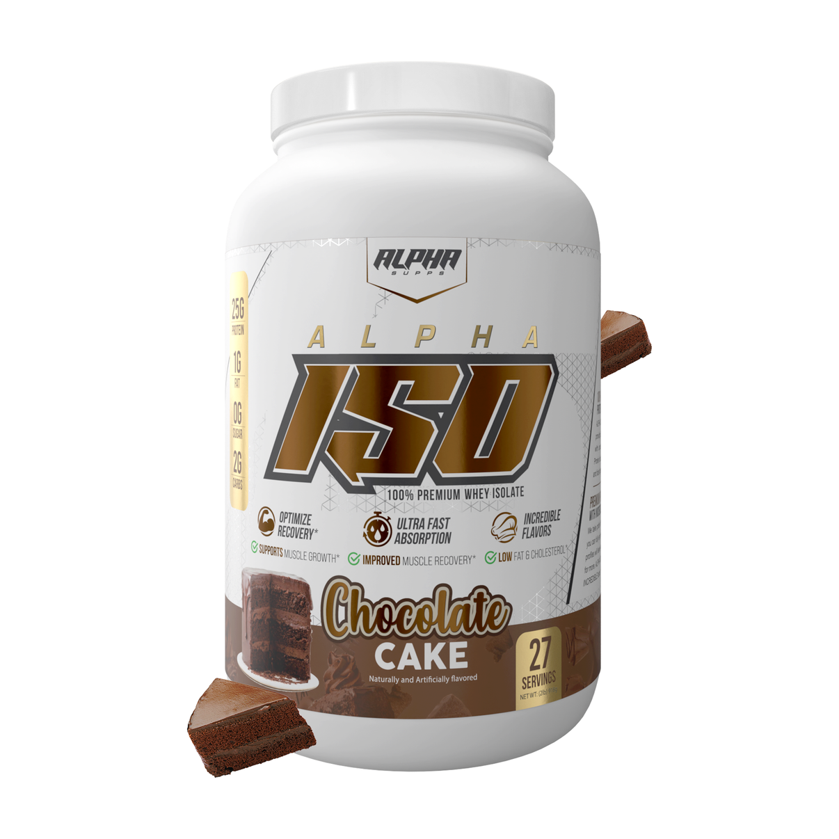 Alpha Supps Iso Protein Chocolate Cake front of bottle 2lb