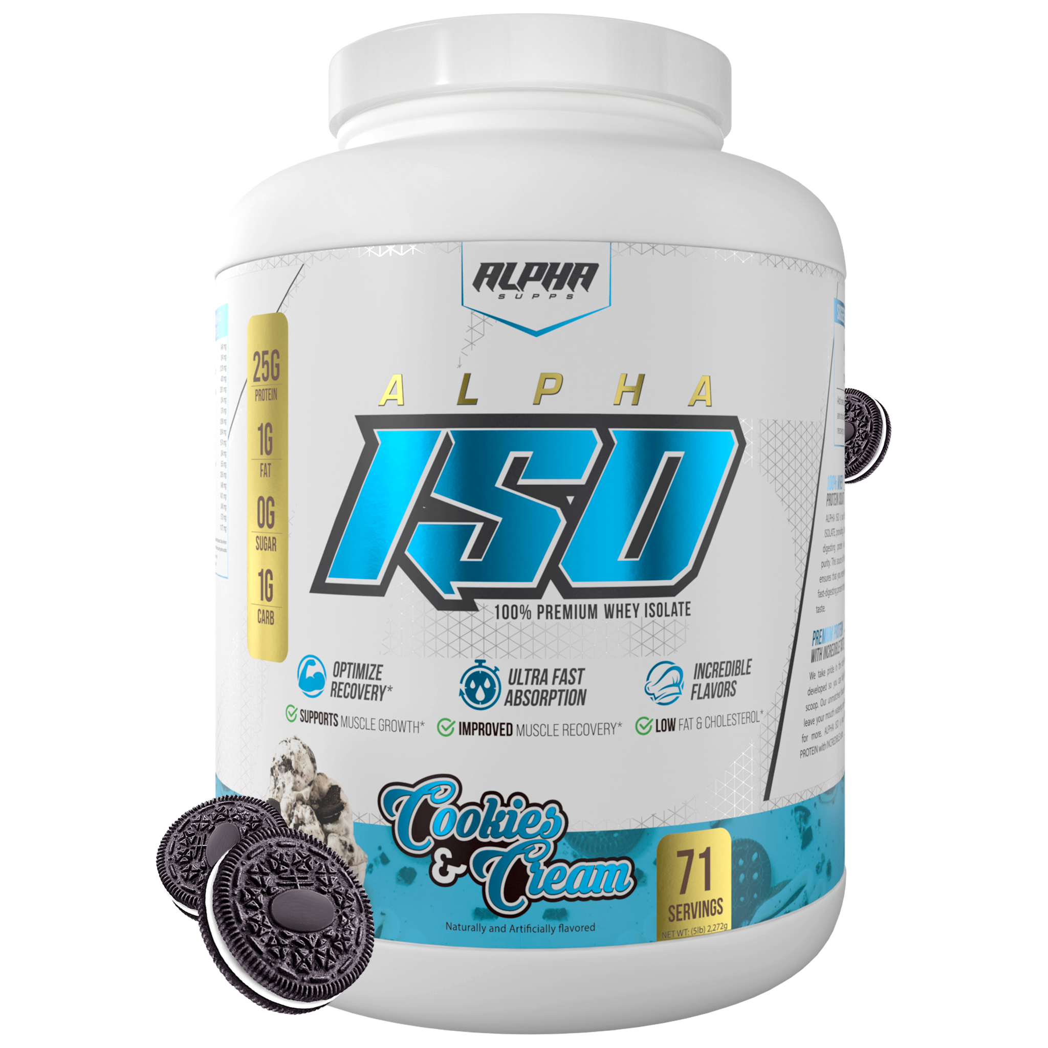 Alpha Supps Iso Protein Cookies & Cream front of bottle 5lb