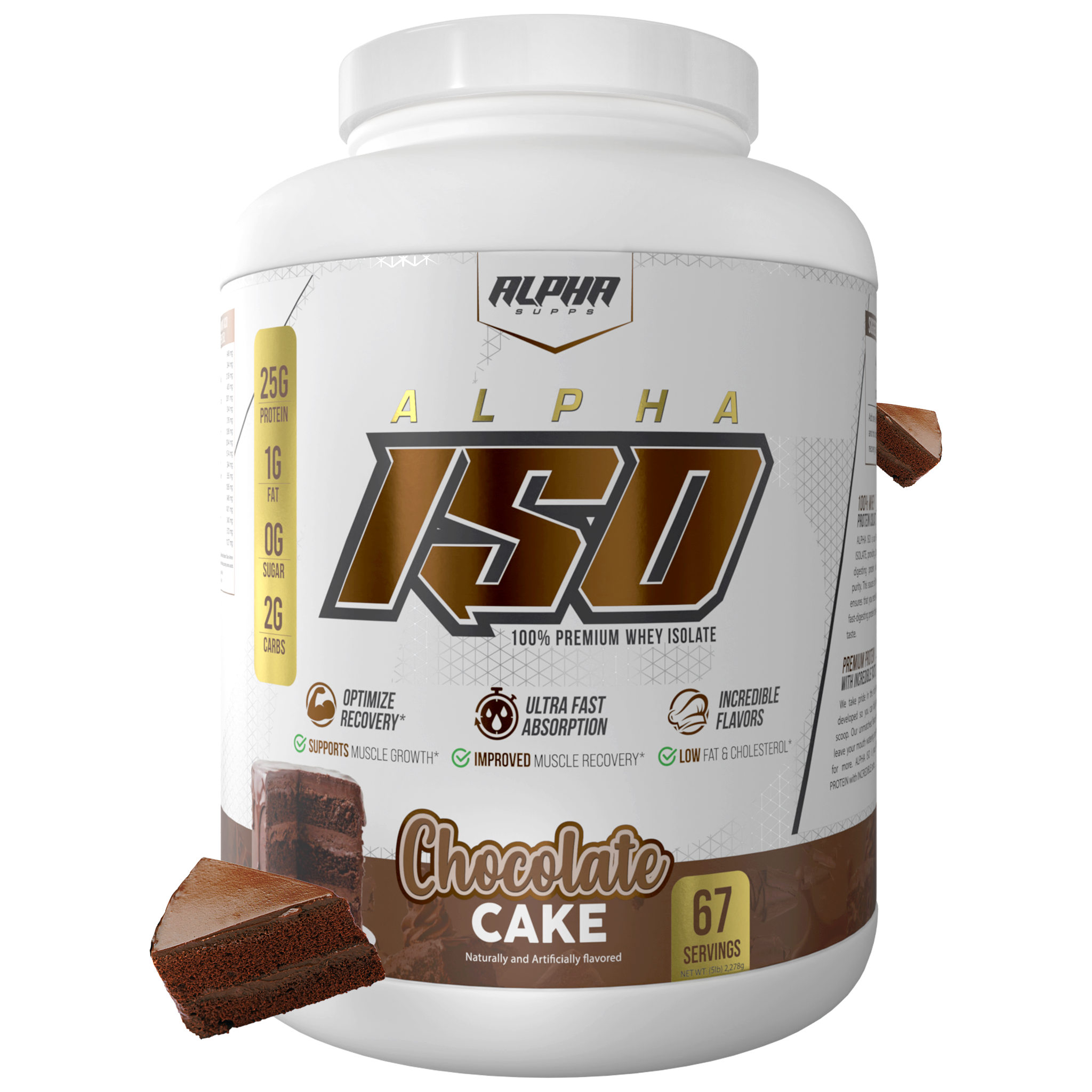 Alpha Supps Iso Protein Chocolate Cake front of bottle 5lb