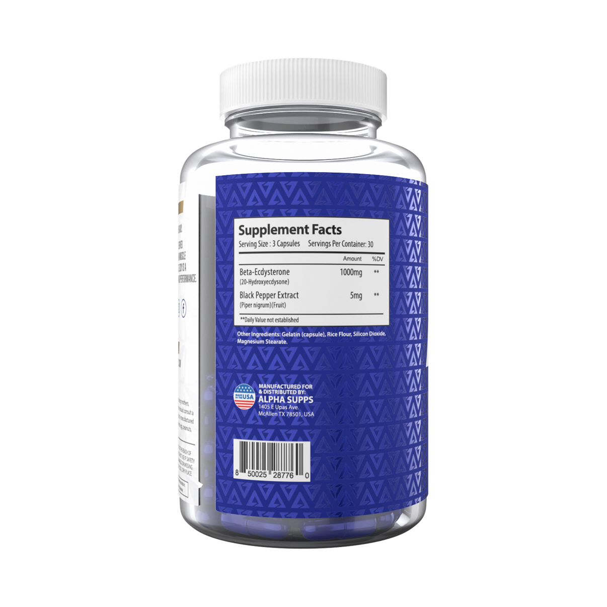 Alpha Supps ECDYside of bottle label with supplement facts