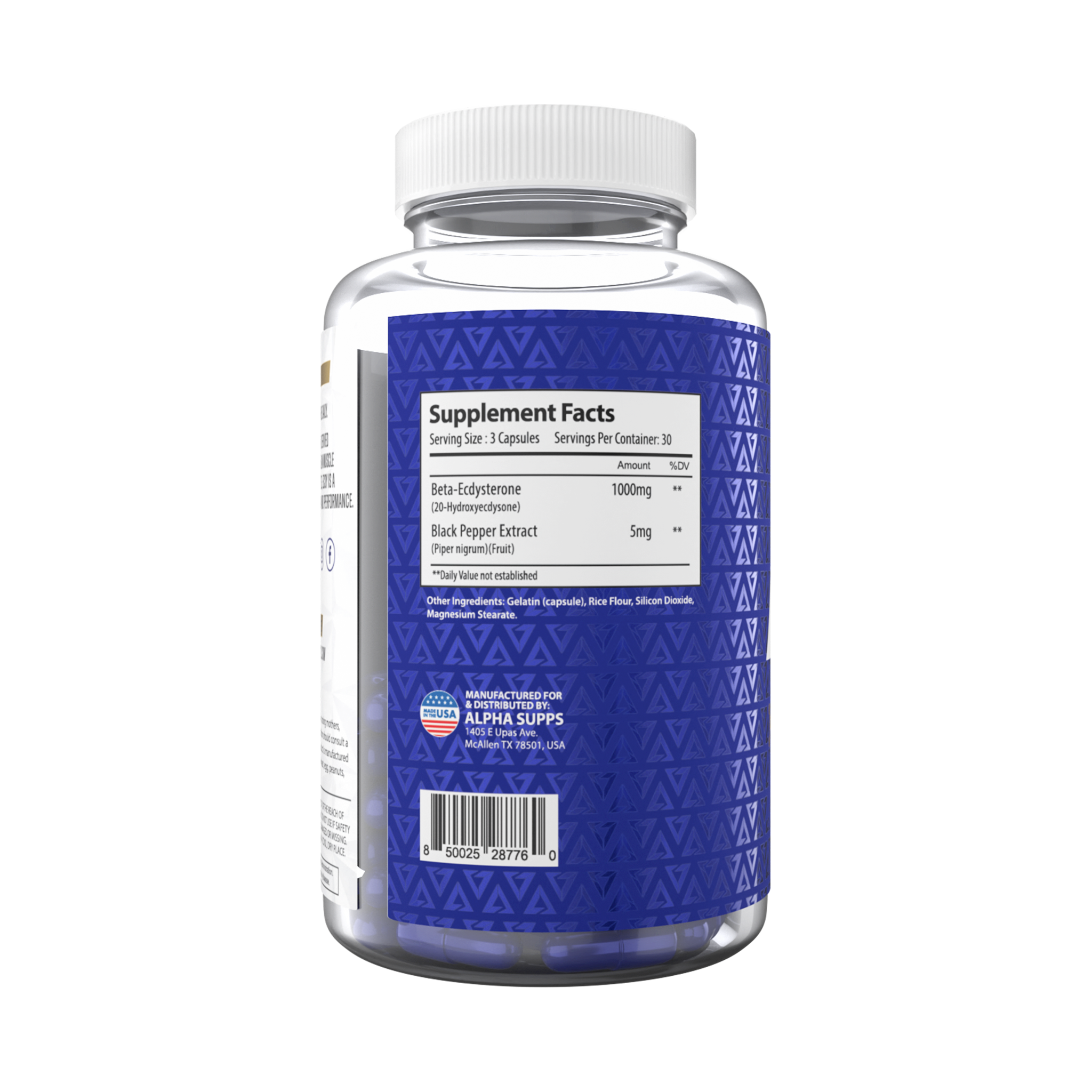 Alpha Supps ECDYside of bottle label with supplement facts