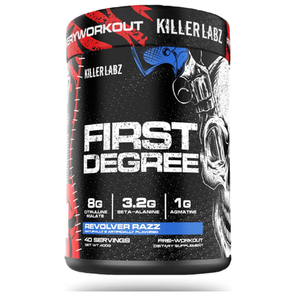 Killer Labz First Degree Pre-Workout front of bottle Revolver Razz flavor 