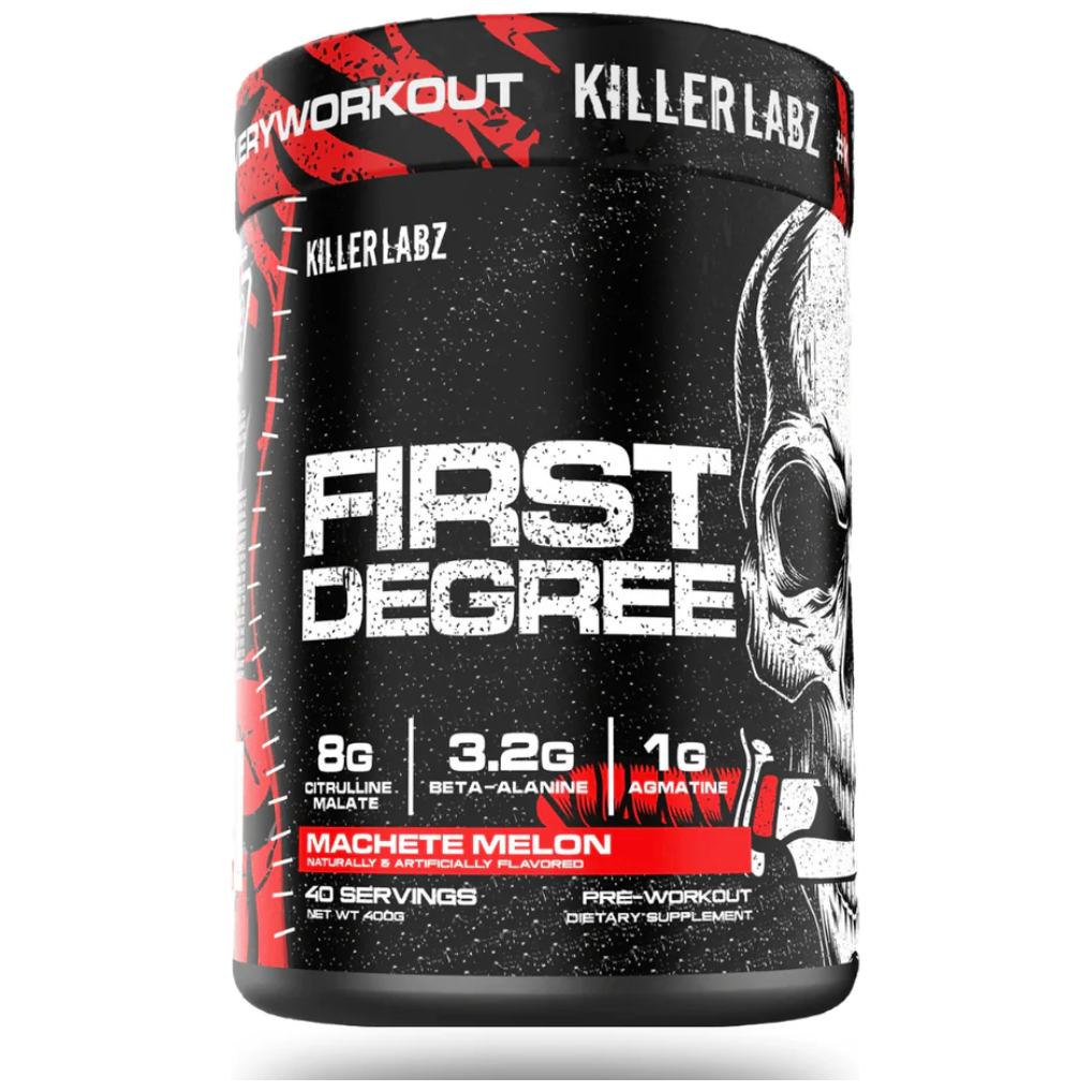 Killer Labz First Degree Pre-Workout front of bottle Machete Melon Flavor 