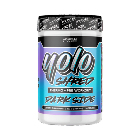 Hyped Supps Yolo Shred Thermo Pre-Workout Front of bottle  label Blue Acai Flavor